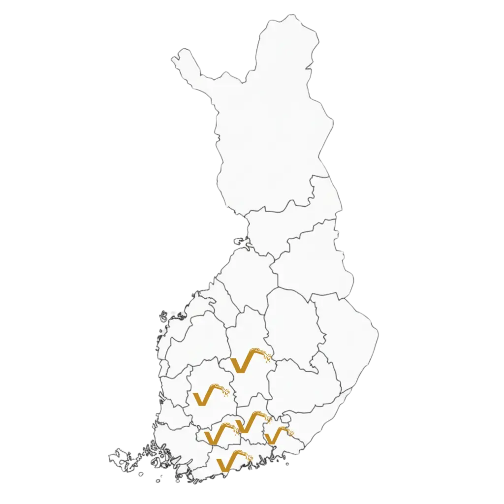 Valmisbetonia.fi kartta toiminta-alueista. Uusimaa, Kymenlaakso, Päijät-Häme, Kanta-Häme, Pirkanmaa ja Keski-Suomi.