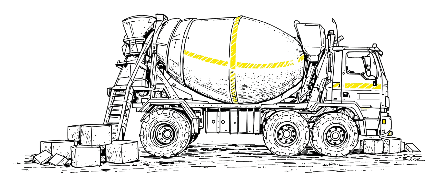 Havainnekuvitus betoniautosta, kuutiomäärästä ja purkurännistä