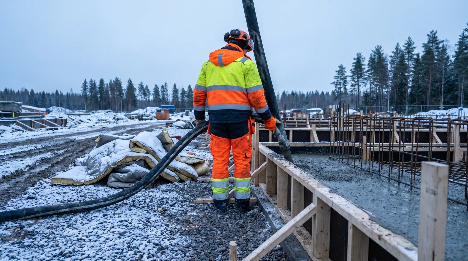 Talvibetonia valetaan suojatussa suomalaisessa talvityömaassa